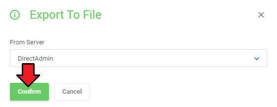 DNS Manager For WHMCS: Export To File dialog with the From Server list set to DirectAdmin and the Confirm button marked