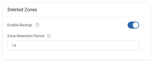 DNS Manager For WHMCS: Deleted Zones section of Global Settings with the Enable Backup switch and Zone Retention Period