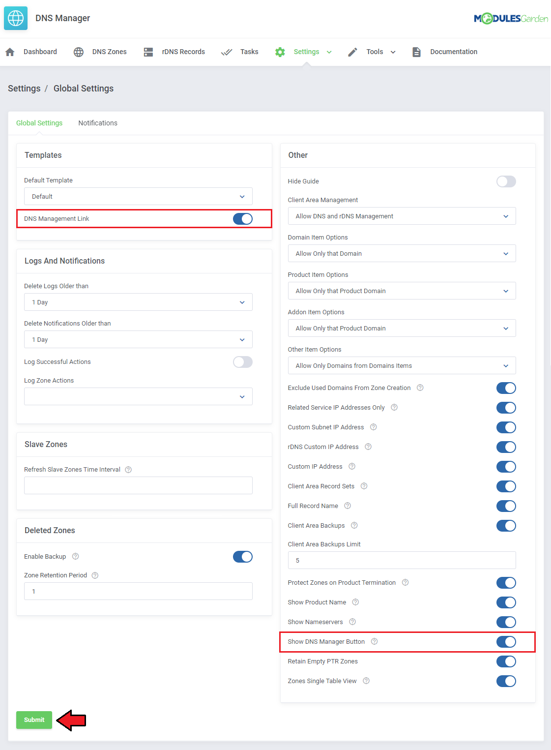 DNS Manager For WHMCS: Global Settings with DNS Management Link and Show DNS Manager Button options highlighted