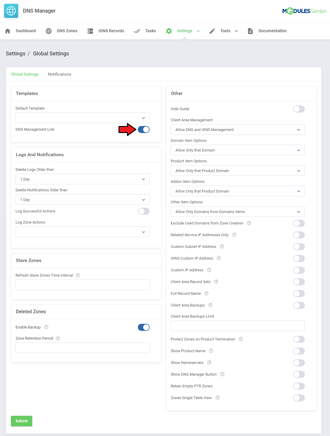 DNS Manager For WHMCS: Global Settings page in the admin area with the DNS Management Link switch enabled