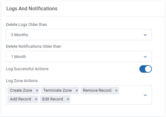 DNS Manager For WHMCS: Logs And Notifications section of Global Settings with log retention lists and Log Zone Actions