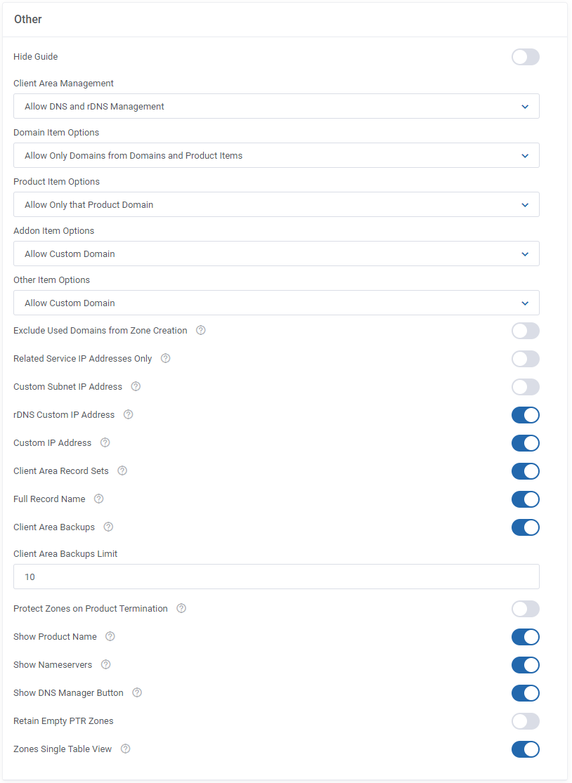 DNS Manager For WHMCS: Global Settings Other section with options for related service IP addresses and custom IP address
