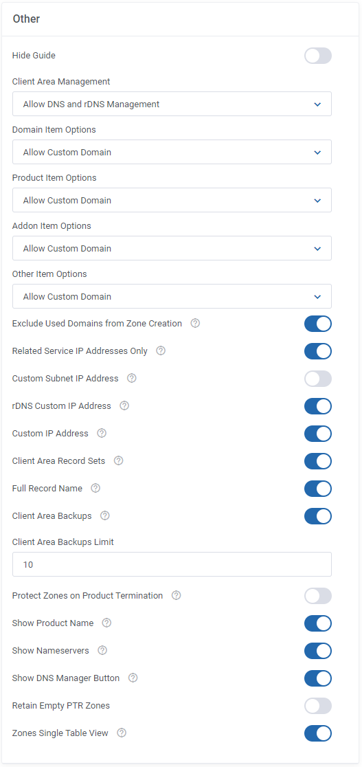 DNS Manager For WHMCS: Other section of Global Settings with Hide Guide, item options, IP switches and backup limit