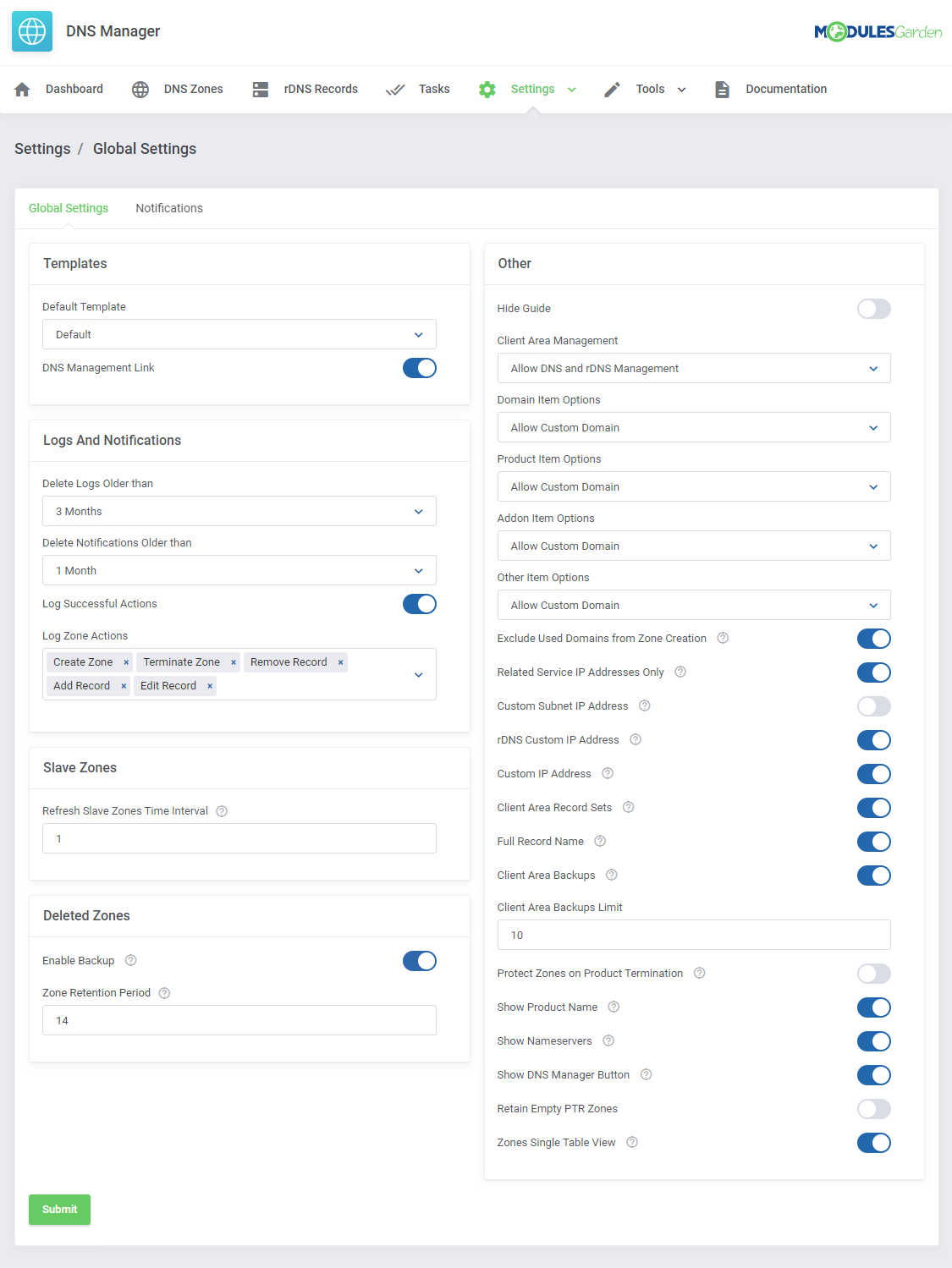 DNS Manager For WHMCS: Global Settings page with Templates, Logs, Slave Zones, Deleted Zones and Other sections