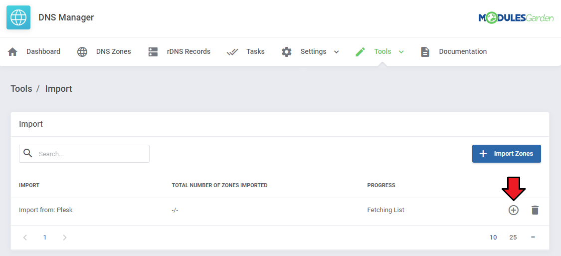 DNS Manager For WHMCS: Tools Import list with an import from Plesk fetching its list and the add icon marked