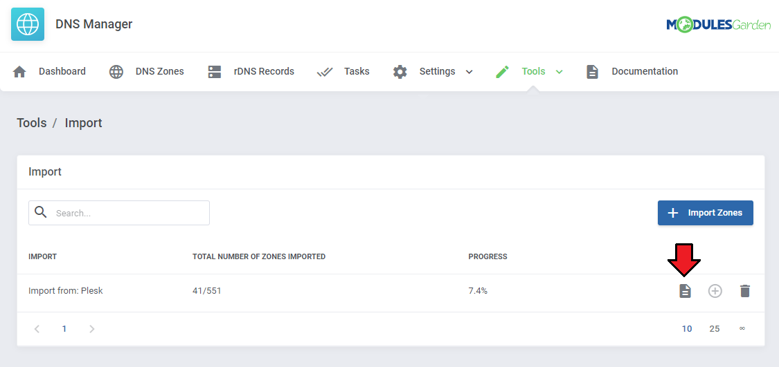 DNS Manager For WHMCS: Tools Import list with an import from Plesk at 7.4 percent progress and the log icon marked