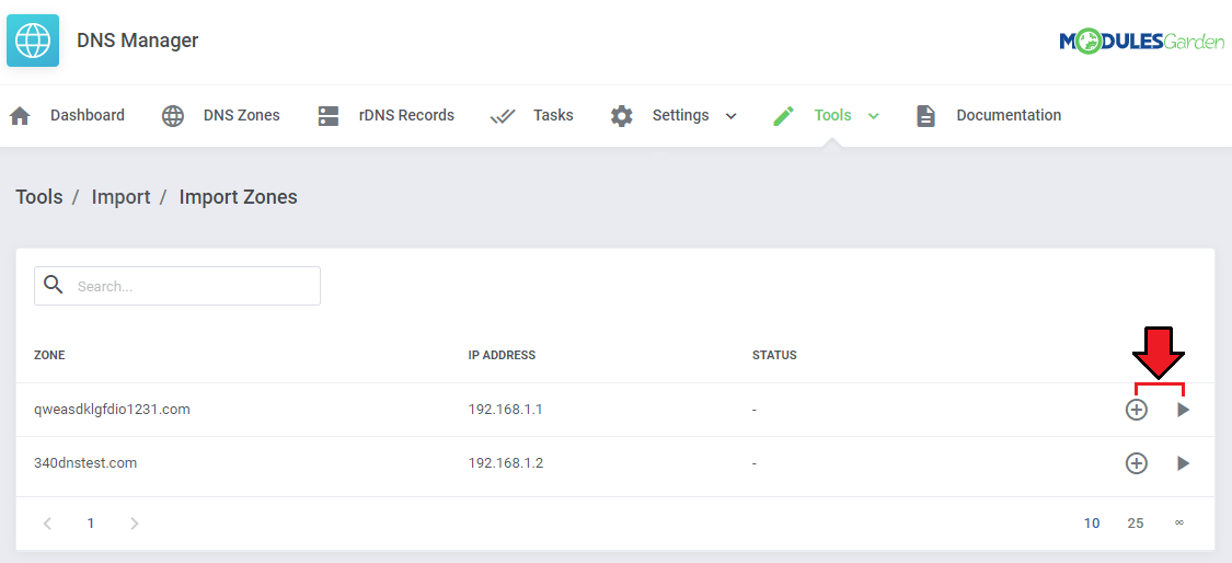 DNS Manager For WHMCS: Import Zones list with two zones and the queue and import now action icons marked with an arrow