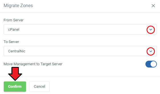 DNS Manager For WHMCS: Migrate Zones dialog with From Server and To Server lists and Move Management to Target Server