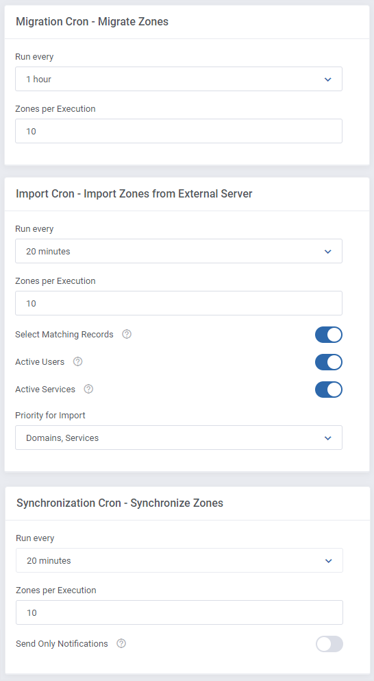 DNS Manager For WHMCS: Migration, Import and Synchronization cron boxes with run interval and zones per execution