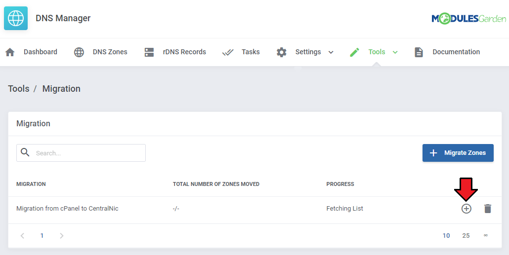 DNS Manager For WHMCS: DNS Manager addon Migration list with a cPanel to CentralNic migration in Fetching List state
