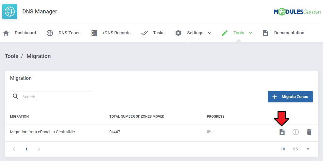 DNS Manager For WHMCS: DNS Manager addon Migration list with the zones list button highlighted for a migration