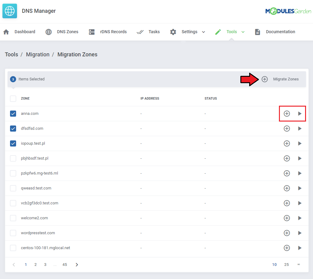 DNS Manager For WHMCS: DNS Manager addon Migration Zones list with three zones selected and the Migrate Zones bulk