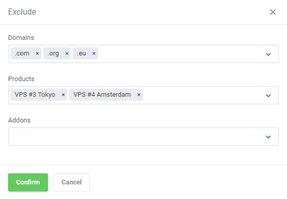 DNS Manager For WHMCS: Exclude dialog with Domains, Products and Addons fields for zones left out of notifications
