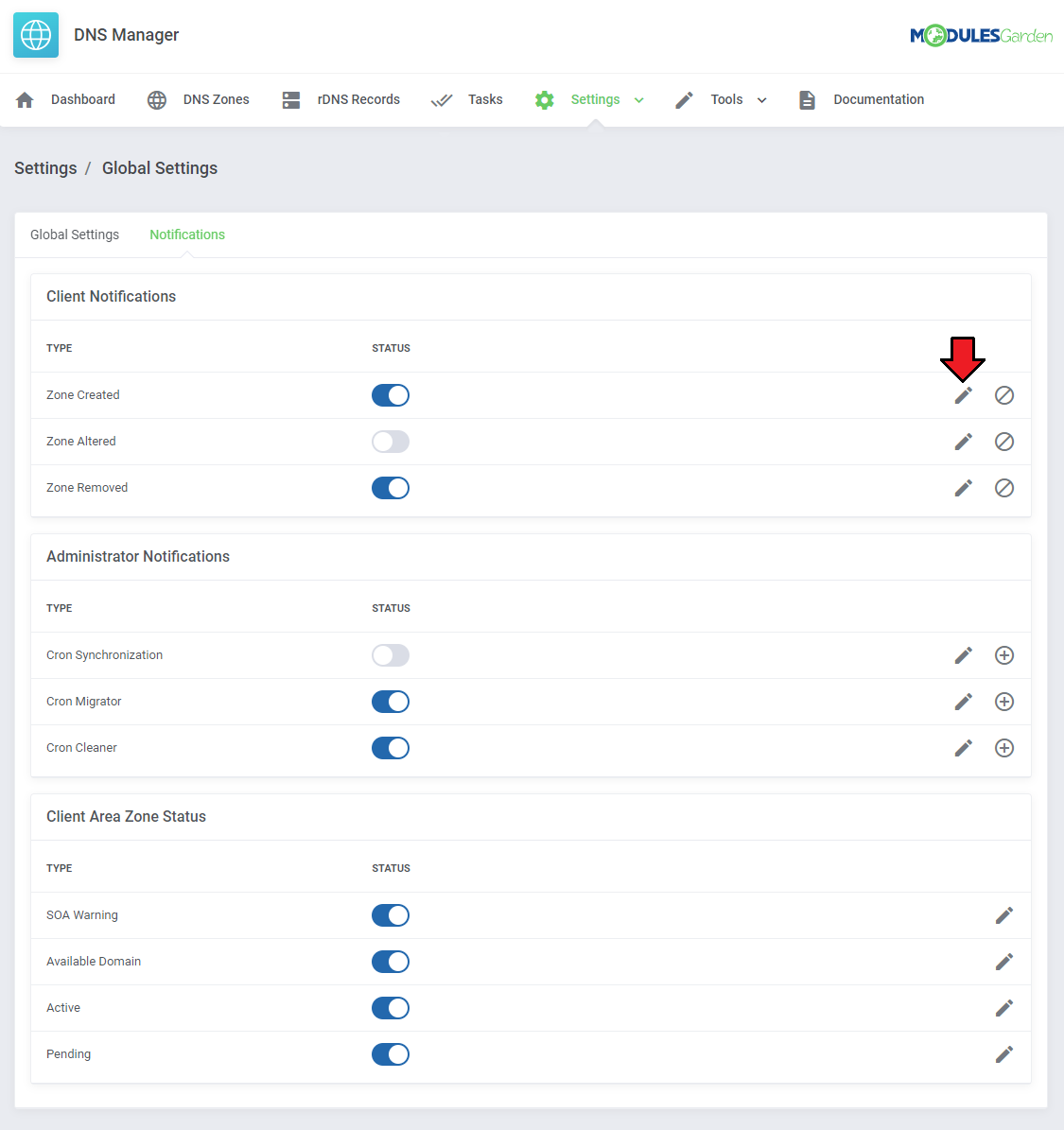DNS Manager For WHMCS: Notifications tab of Global Settings with client and admin notification lists and the Modify icon