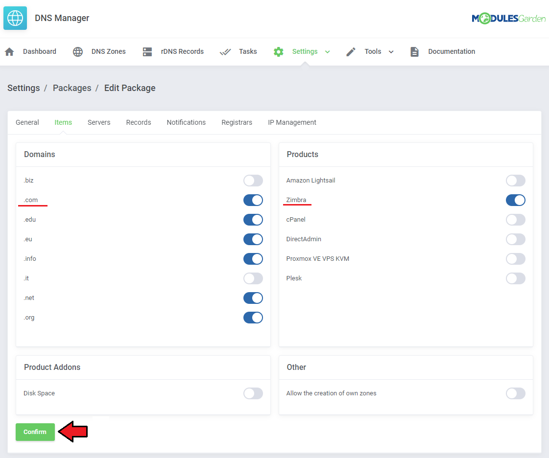 DNS Manager For WHMCS: Edit Package Items tab with the .com domain and Zimbra product enabled and the Confirm button