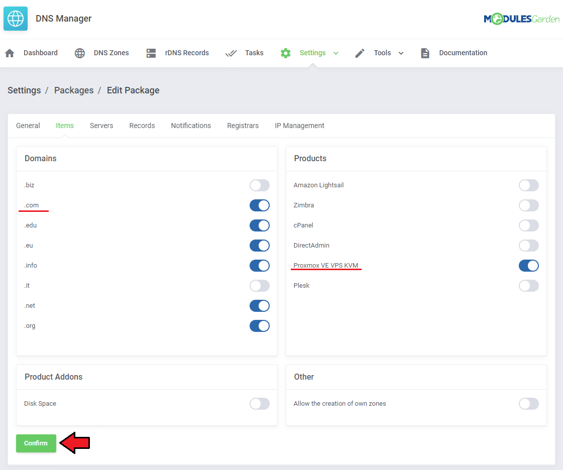 DNS Manager For WHMCS: Edit Package Items tab with the .com domain and Proxmox VE VPS KVM product enabled