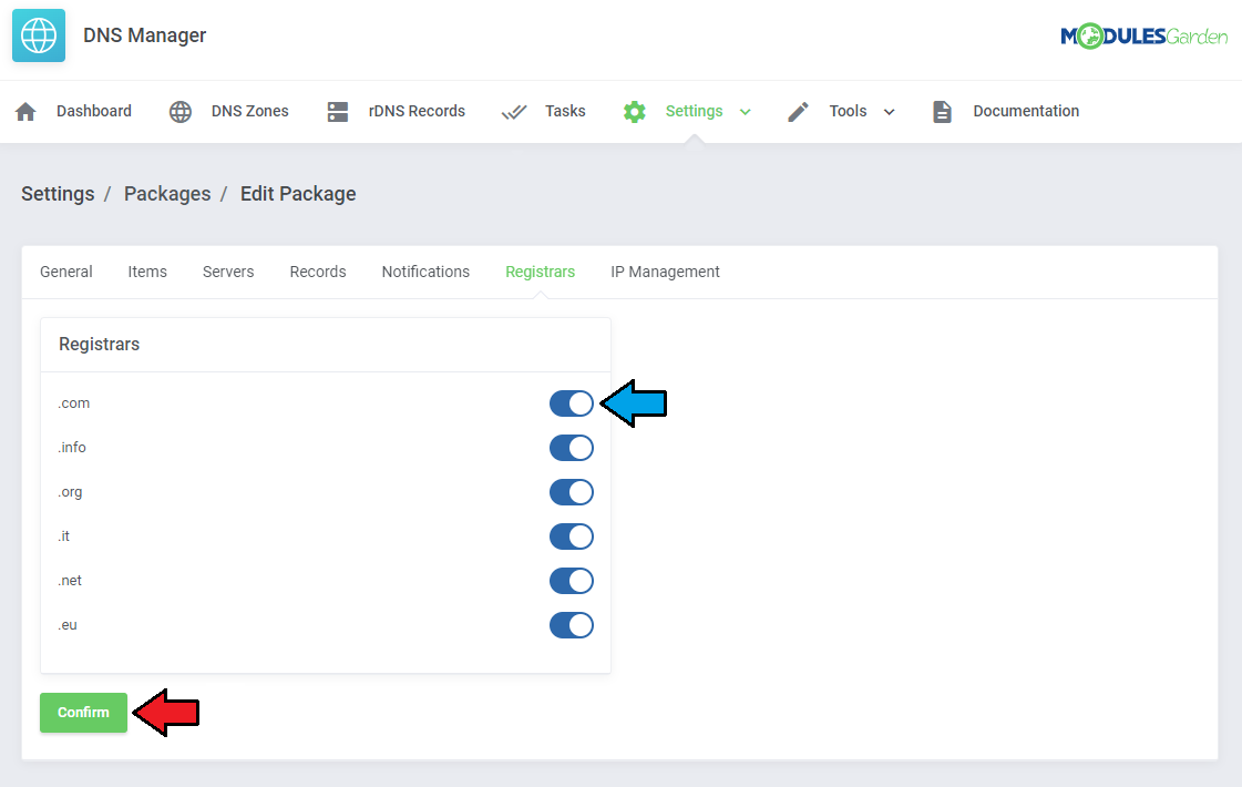 DNS Manager For WHMCS: Edit Package Registrars tab with TLD switches enabled and the Confirm button