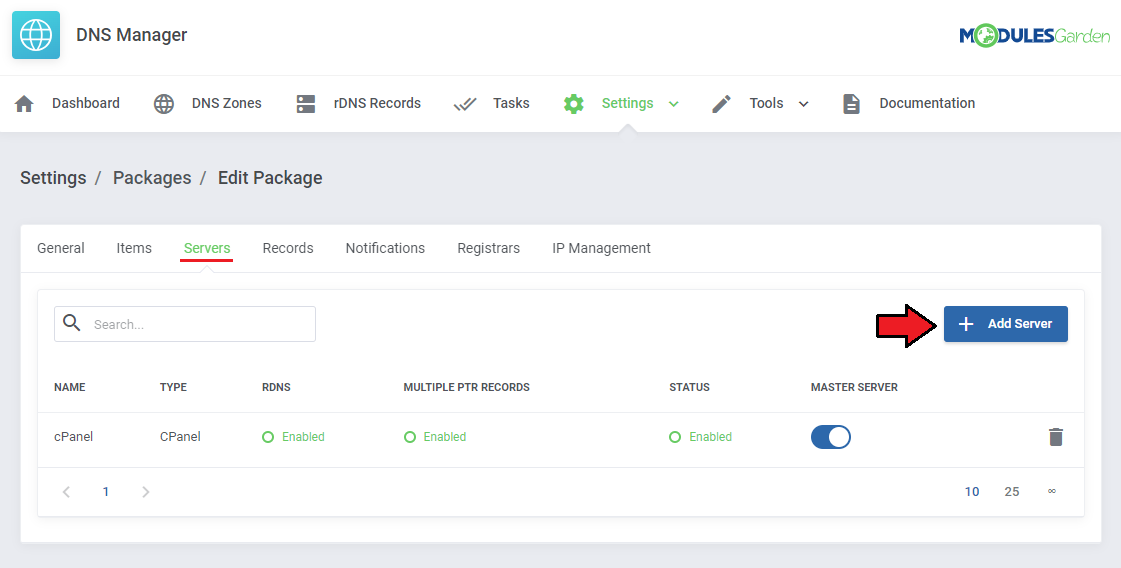 DNS Manager For WHMCS: Edit Package Servers tab with the cPanel server in the list and the Add Server button