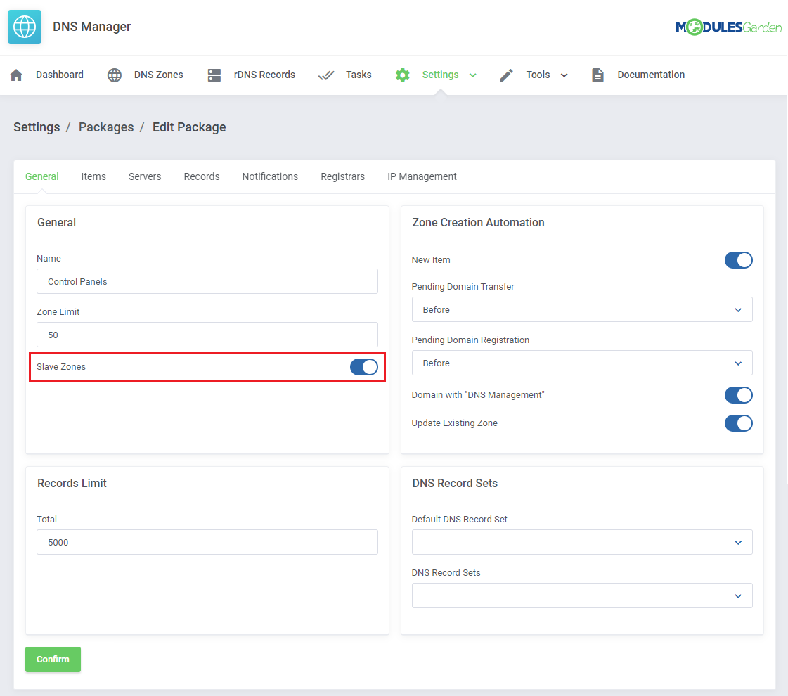 DNS Manager For WHMCS: Edit Package General tab with the Slave Zones switch enabled