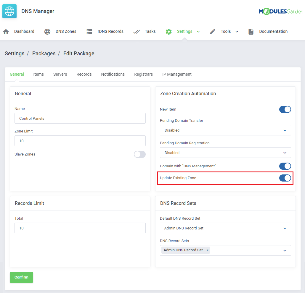 DNS Manager For WHMCS: Edit Package General tab with the Update Existing Zone switch highlighted in Zone Creation