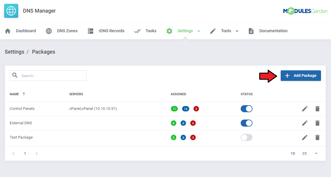 DNS Manager For WHMCS: Settings, Packages list with the Add Package button
