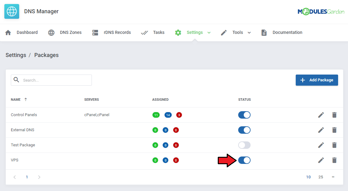 DNS Manager For WHMCS: Settings, Packages list with the new VPS package status switch enabled