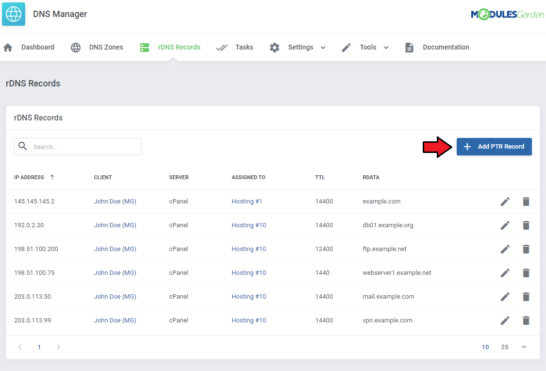 DNS Manager For WHMCS: rDNS Records page with a list of PTR records and the Add PTR Record button marked with an arrow