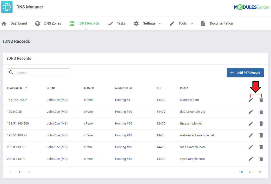 DNS Manager For WHMCS: rDNS Records list with the edit and delete action icons of a PTR record marked with an arrow