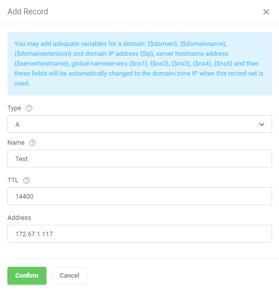 DNS Manager For WHMCS: Add Record dialog for a record set with Type, Name, TTL and Address fields and a variables hint