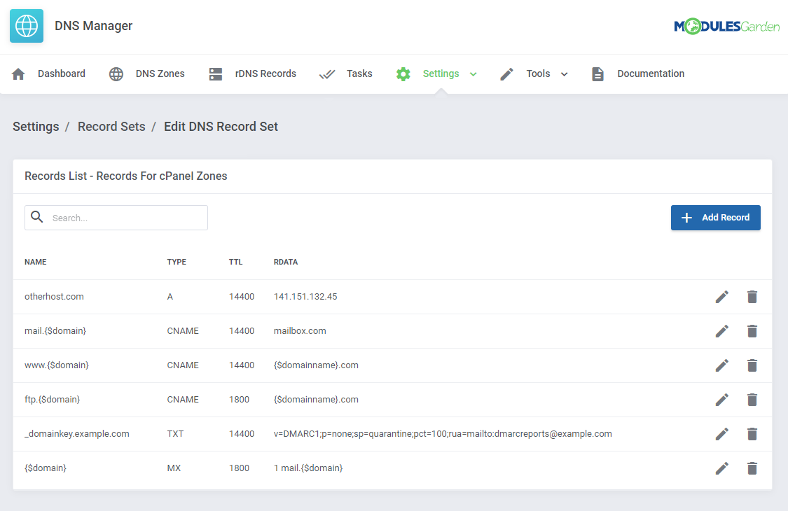 DNS Manager For WHMCS: Edit DNS Record Set page listing records with variables like {$domain} and {$domainname}
