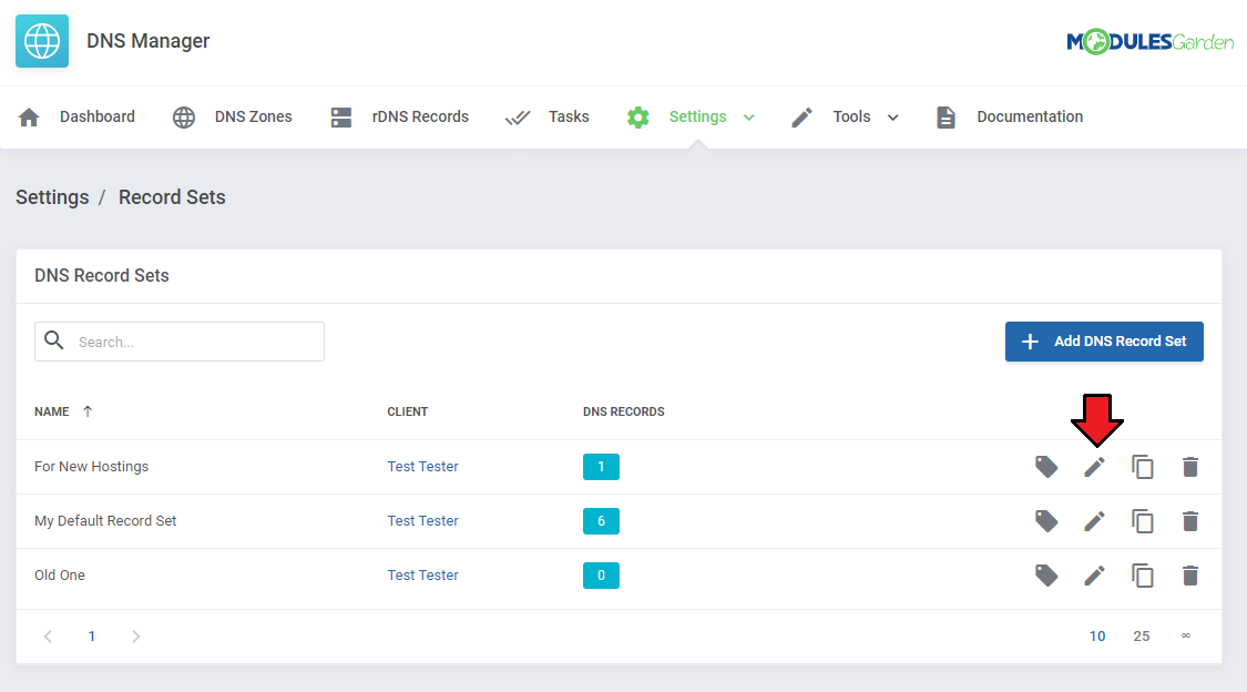 DNS Manager For WHMCS: Record Sets list in Settings with the Edit pencil icon highlighted for the For New Hostings set