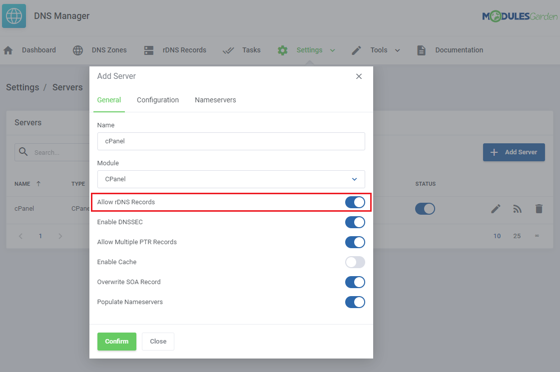 DNS Manager For WHMCS: Add Server dialog with the Allow rDNS Records switch highlighted for a cPanel server
