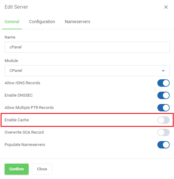 DNS Manager For WHMCS: Edit Server dialog General tab with the Enable Cache switch highlighted for a cPanel server