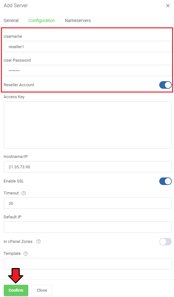DNS Manager For WHMCS: Add Server dialog Configuration tab with reseller username, password and Reseller Account switch