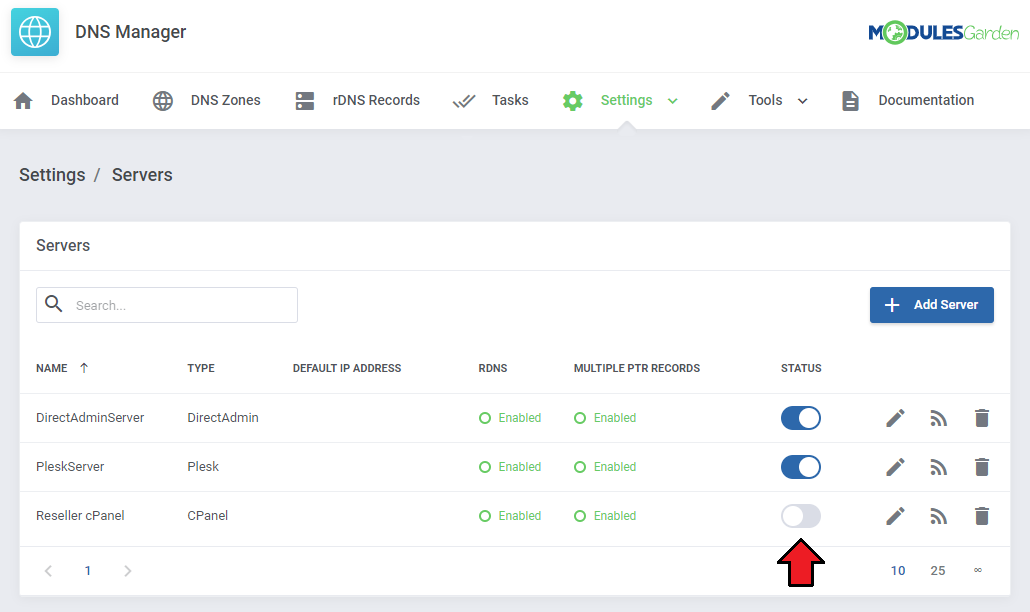 DNS Manager For WHMCS: DNS Manager addon Servers list with a Reseller cPanel server and its status switch turned off