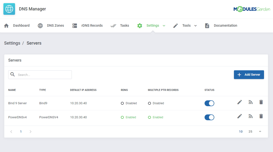DNS Manager For WHMCS: Settings, Servers list with the Bind9 and PowerDNSv4 servers ready to manage and test