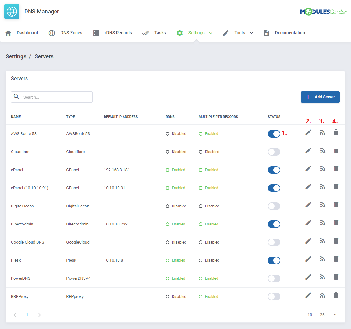 DNS Manager For WHMCS: Settings, Servers list with status switches and edit, test connection and delete icons marked