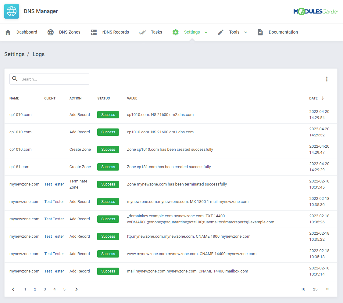DNS Manager For WHMCS: Settings Logs page with a table of zone actions, clients, statuses, values and dates