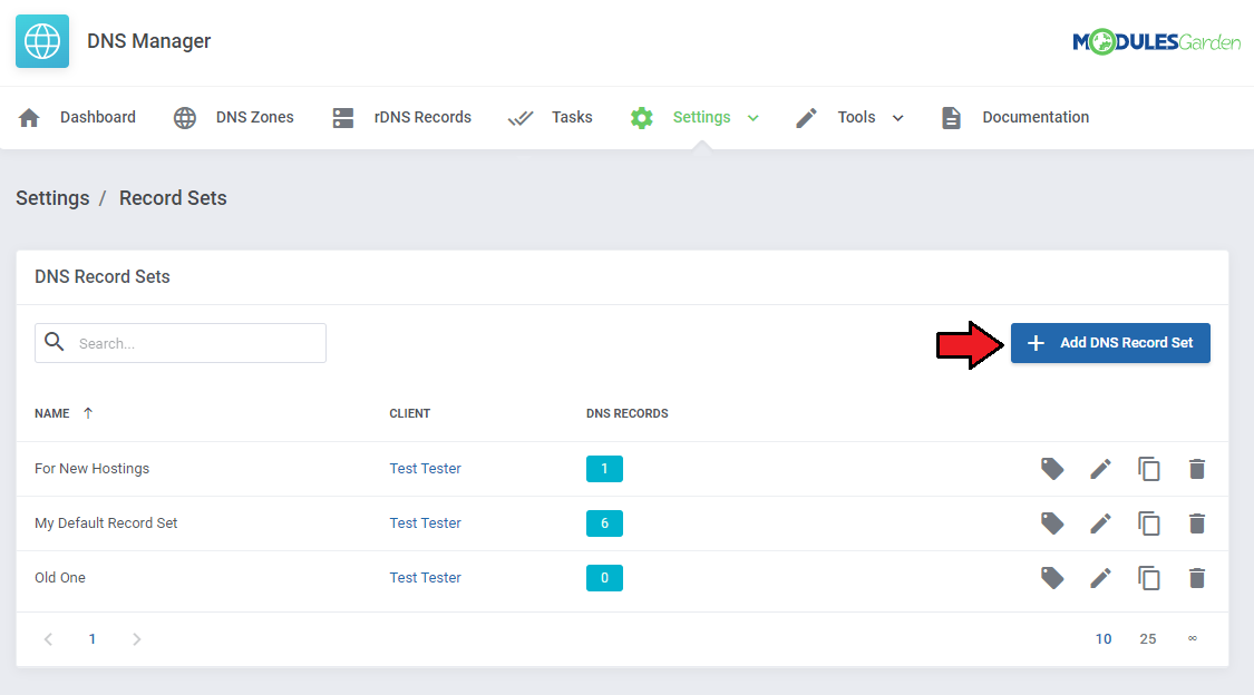 DNS Manager For WHMCS: Record Sets page in Settings with the DNS Record Sets list and the Add DNS Record Set button