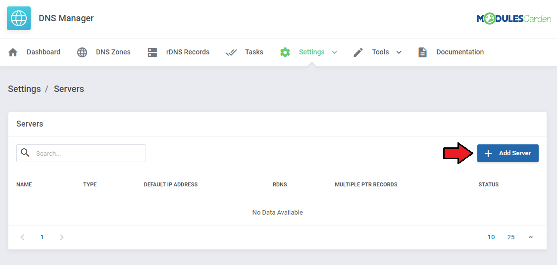 DNS Manager For WHMCS: Settings, Servers page in the admin area with the Add Server button