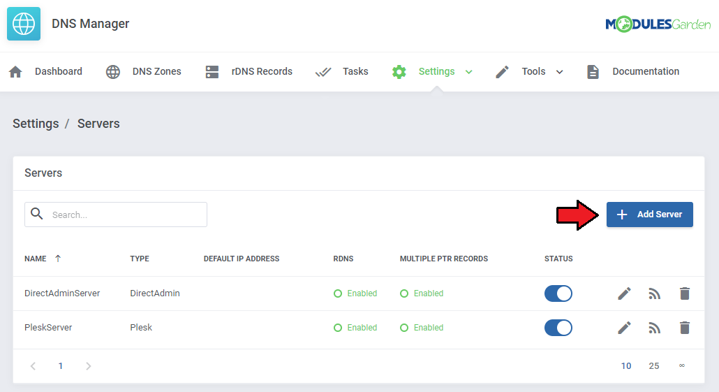 DNS Manager For WHMCS: DNS Manager addon Servers settings page with the Add Server button and a DirectAdmin and Plesk