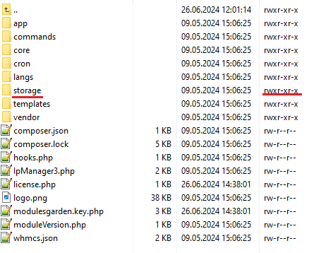 DNS Manager For WHMCS: module folder in a file manager with the storage folder marked for writable permissions