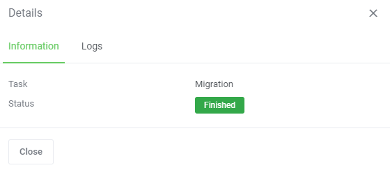 DNS Manager For WHMCS: Task details dialog on the Information tab showing a finished Migration task