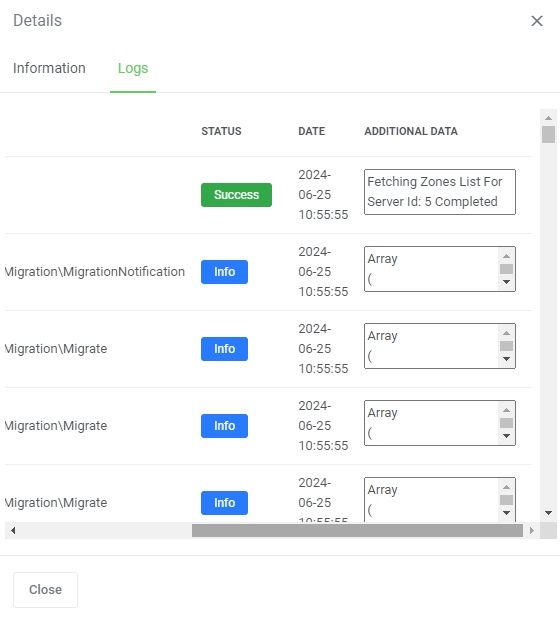DNS Manager For WHMCS: Task details dialog on the Logs tab with success and info entries of a migration task