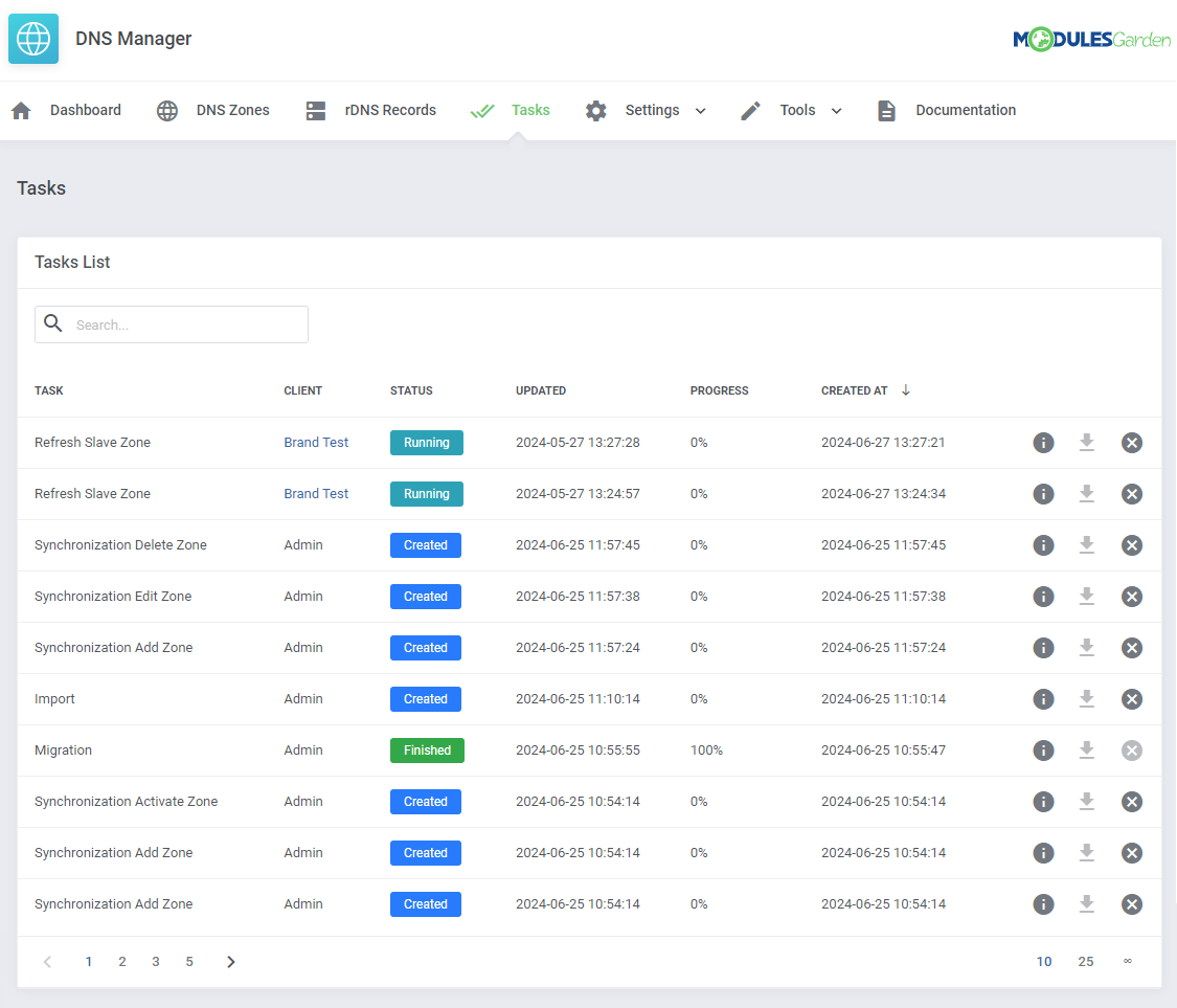 DNS Manager For WHMCS: Tasks list with Refresh Slave Zone, Synchronization and Migration tasks and their statuses