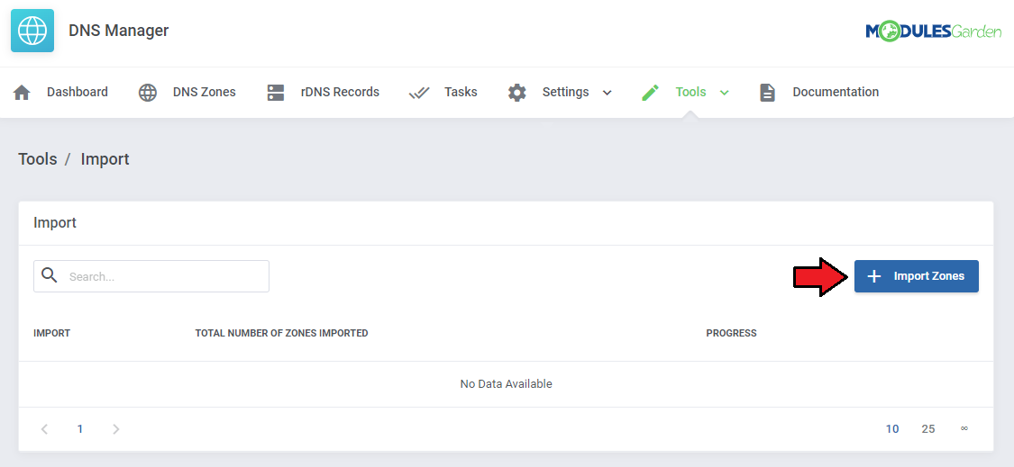 DNS Manager For WHMCS: Tools Import page with an empty import list and the Import Zones button marked with an arrow