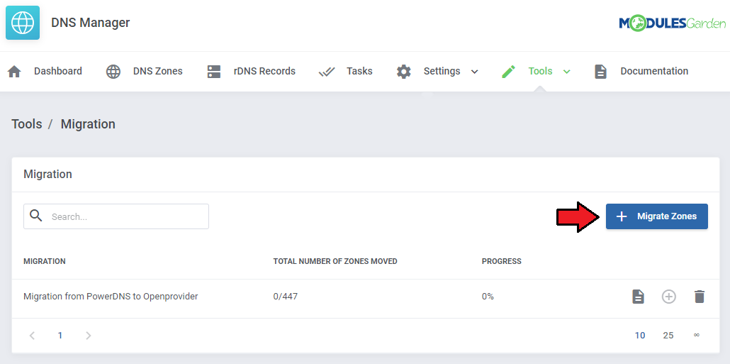 DNS Manager For WHMCS: DNS Manager addon Tools Migration page with the Migrate Zones button and a migration in the list