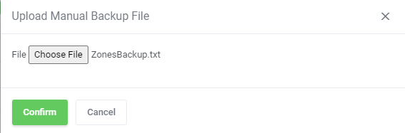 DNS Manager For WHMCS: Upload Manual Backup File dialog with a chosen ZonesBackup.txt file and Confirm button