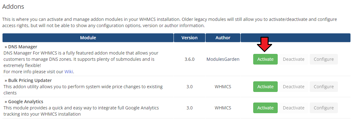 DNS Manager For WHMCS: WHMCS Addon Modules list with the DNS Manager Activate button
