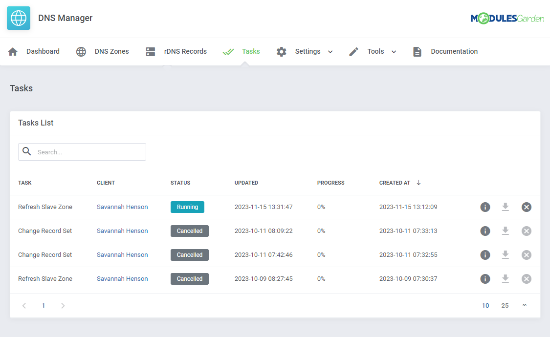 DNS Manager For WHMCS: Tasks list in the WHMCS admin area with running and cancelled tasks and their action icons